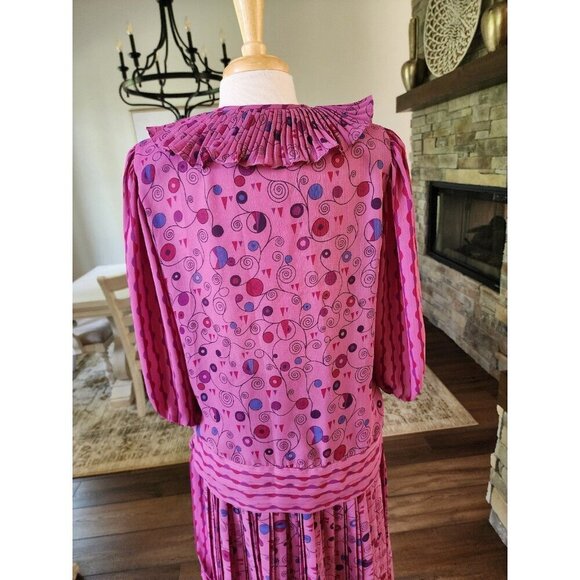 Vintage 80s Judi Michael 2 piece pleated skirt set Flapper Mixed Print Ruffle - Picture 8 of 11